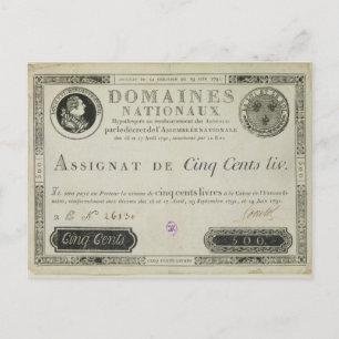 Carte Postale billet de cinq cent livres, 19 juin 1791