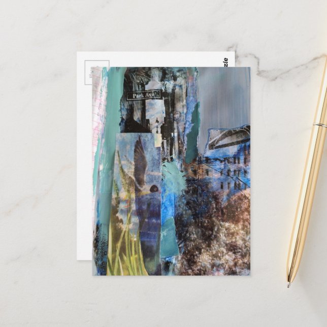 Carte Postale Bird and City Buildings mixed media collage (Devant/Arrière en situation)