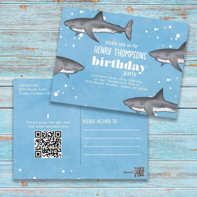 Carte Postale Birthday Fun Whimsical Sharks QR Code Social Media (Créateur téléchargé)