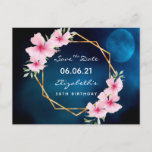 Carte Postale Birthday party blue moon pink floral Save the Date<br><div class="desc">A Save the date card for a tropical 50th (or any age) birthday party. On front: Trendy tropical style. With a faux gold geometric frame decorated with pink hibiscus, flowers tropical florals with some greenery. A dark blue tropical night sky with a full moon as background Templates for a name...</div>
