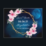 Carte Postale Birthday party blue moon pink floral Save the Date<br><div class="desc">A Save the date card for a tropical 50th (or any age) birthday party. On front: Trendy tropical style. With a faux gold geometric frame decorated with pink hibiscus, flowers tropical florals with some greenery. A dark blue tropical night sky with a full moon as background Templates for a name...</div>