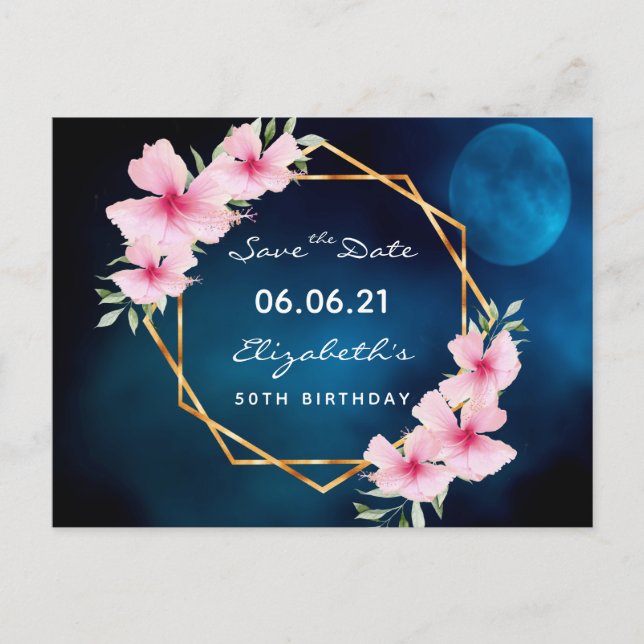 Carte Postale Birthday party blue moon pink floral Save the Date (Devant)