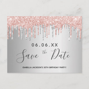 Carte Postale Birthday silver rose gold glitter save the date