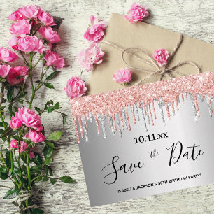 Carte Postale Birthday silver rose gold glitter save the date