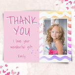 Carte Postale Birthday Thank you Kids Photo Postcard Pink Girl<br><div class="desc">Personalizable birthday thank you postcard for girls with photo and text I love your wonderful gift. Cute pink birthday thank you card for your friends and family. Upload your photo and personalize the postcard with your name and text. The postcard has colorful stars and waves. The back side is pink....</div>