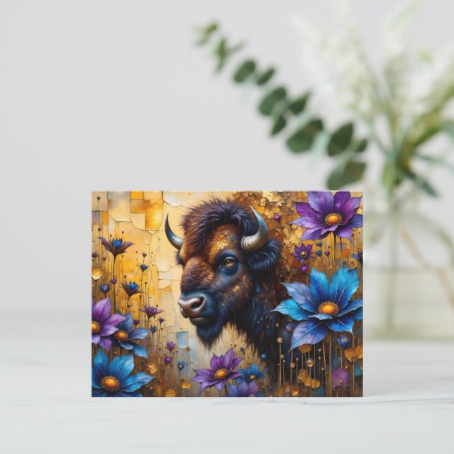 Carte Postale Bison américain dans un portrait de fleur texturée (Debout devant)