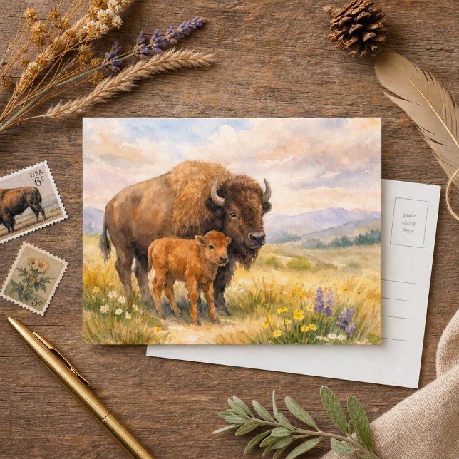 Carte Postale Bison Aquarelle Prairie Nature-Faune (Créateur téléchargé)