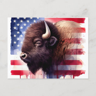 Carte Postale Bison avec drapeau des États-Unis d'Amérique