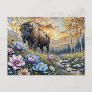 Carte Postale Bison d'Amérique dans une vallée montagneuse fleur