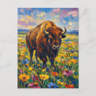 Carte Postale Bison dans un champ de fleurs sauvages peinture ab