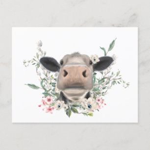 Carte Postale bisou de nez de vache fleurs aquarelle gris animal