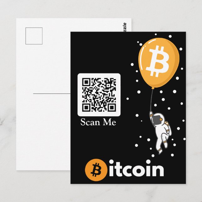 Carte Postale Bitcoin Astronaut à la lune - Btc Qr code Crypto (Devant / Derrière)