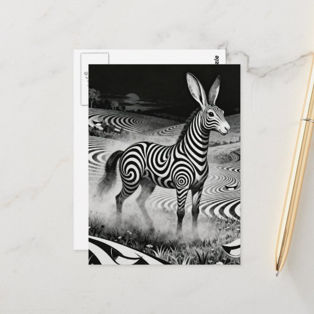 Carte Postale Black an White Op art Fantasy Rabbit Horse Critter (Devant/Arrière en situation)