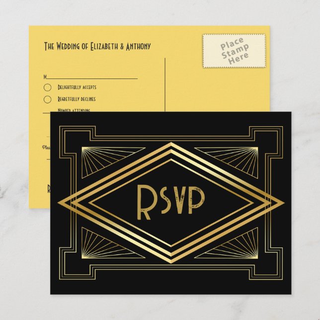 Carte Postale Black and Gold Art Deco Wedding RSVP QR Code (Devant / Derrière)