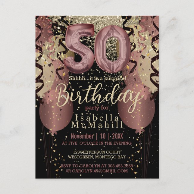 Carte Postale Black and Rose Gold Parties scintillant 50e annive (Devant)