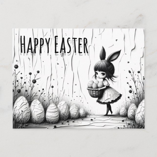 Carte Postale Black and White Easter Girl with Bunny Ears (Devant)