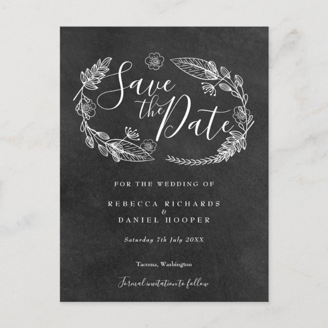 Carte postale 'Black and White Floral Save the Dat (Devant)
