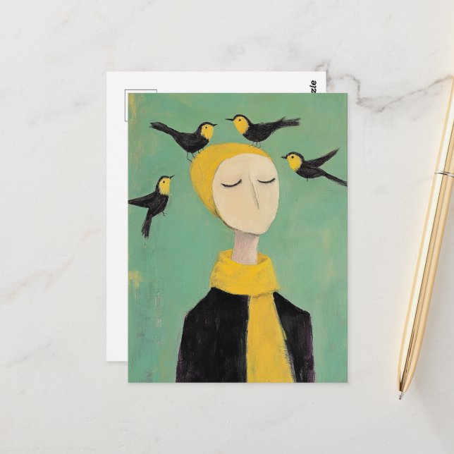 Carte Postale Black and Yellow Birds on Her Head Whimsy Painting (Devant/Arrière en situation)