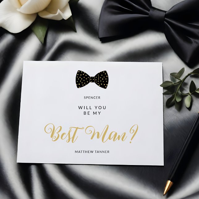 Carte Postale Black Best Man Vintage Bow Wedding Proposal (Cute Black & Faux Gold Polka Dots Vintage Bow Tie Best Man Wedding Proposal Postcard.)