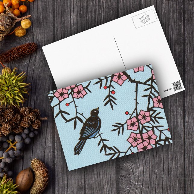 Carte Postale Black Bird Cherry (Cute black bird in tree pink cherry blossoms on light blue postcard.)