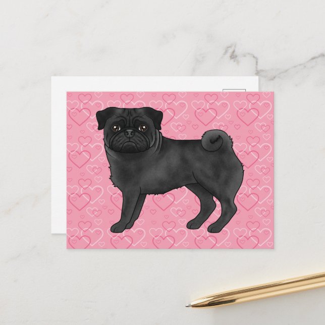 Carte Postale Black Carlin Chien Cartoon Mops Love Heart Motif R (Devant/Arrière en situation)
