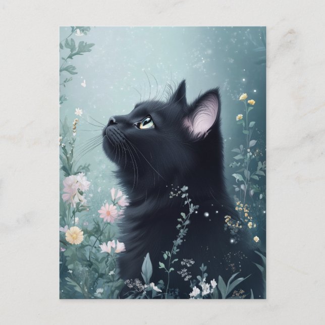 Carte Postale Black Cat Gazing Upward in Magical Flower Garden (Devant)