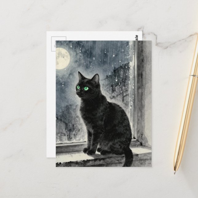Carte Postale Black Cat in the Window on a Rainy Night (Devant/Arrière en situation)