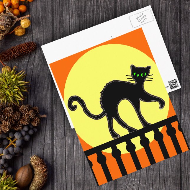 Carte Postale Black Cat on Fence Postcard (Halloween black cat arched back on black fence yellow moon on orange postcard.)