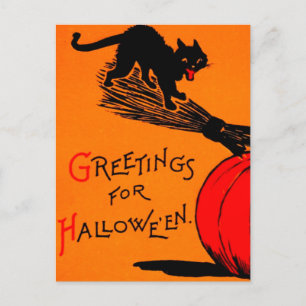 Carte Postale Black Cat Pumkin & Broomstick Vintage Halloween