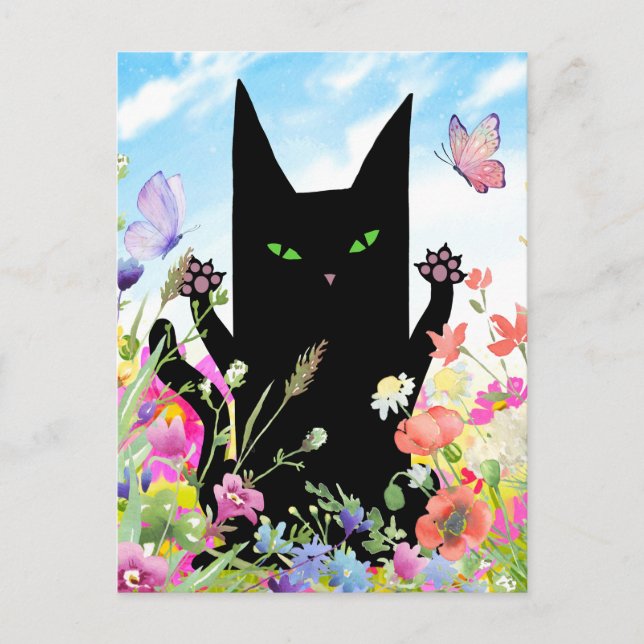 Carte Postale Black Cat Spring Greeting Card:  Kitty and Flowers (Devant)