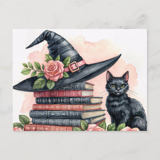 Carte Postale Black Cat With Witch Hat and Books