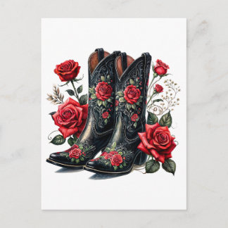 Carte Postale Black Cowboy Boots With Red Roses