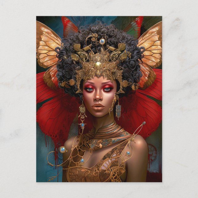 Carte Postale Black Fairy Queen Red Gold Fairy Imaginaire Art (Devant)
