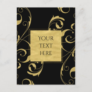 Carte Postale Black & Faux Gold Floral Swirl Mariage élégant
