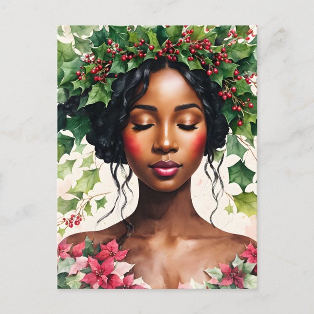 Carte Postale Black Girl Art de Noël avec Holly & Poinsettia (Devant)