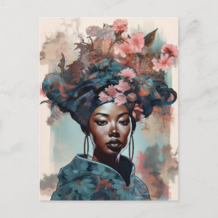Carte Postale Black Goddess Queen Rose Bleu Imaginaire Art