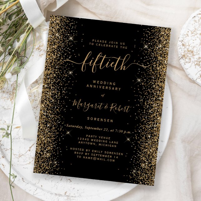 Carte Postale Black Gold Glitter 50th Anniversary Party (Créateur téléchargé)