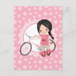 Carte Postale Black Haired Bicycle Girl<br><div class="desc">This design feas cute black haired girl with her pink bicycle. On pink and white cute scallop accent background.</div>