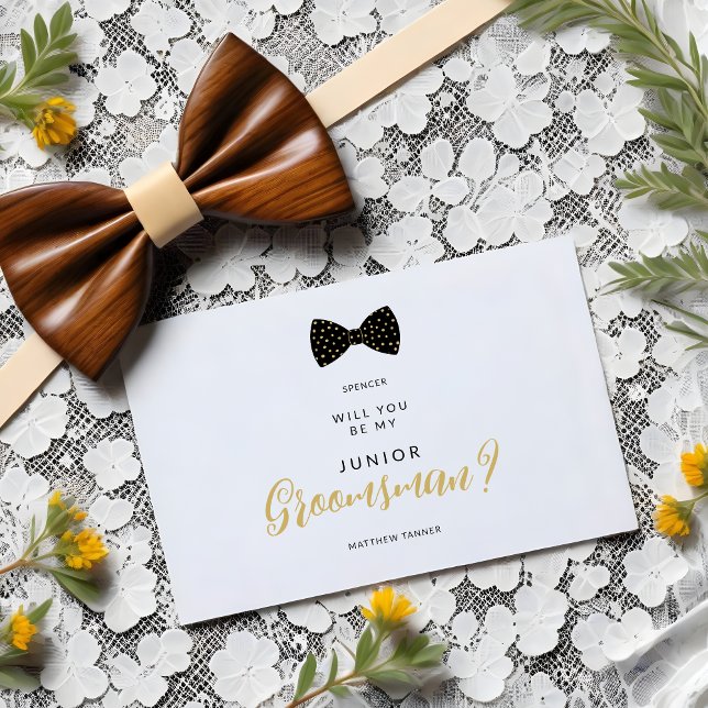 Carte Postale Black Jr Groomsman Vintage Bow Wedding Proposal (Cute Black & Faux Gold Polka Dots Vintage Bow Tie Junior Groomsman Wedding Proposal Postcard.)