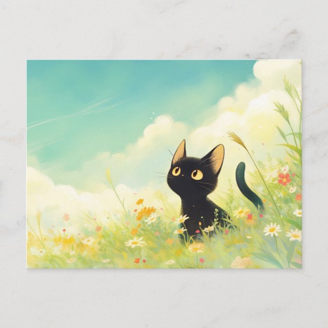 Carte Postale Black Kitten in Sunny Wildflower Summer Meadow (Devant)