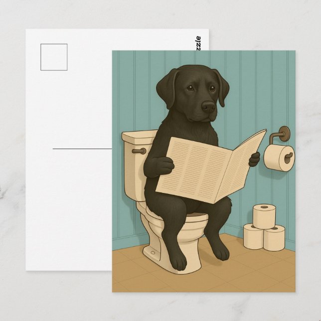 Carte Postale Black Labrador Lecture journal sur Toilet (Devant / Derrière)