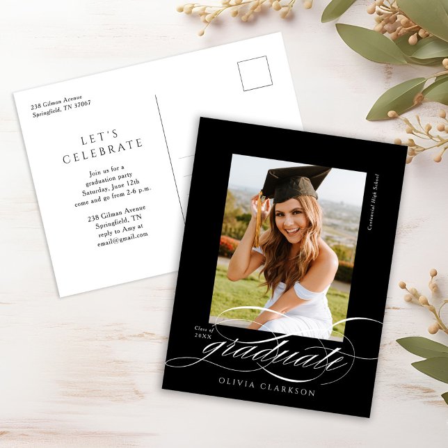 Carte Postale Black Modern Elegant Script Photo Graduation Party (Créateur téléchargé)