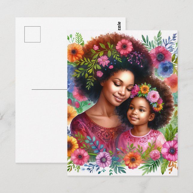 Carte Postale Black Mother and Daughter Floral Watercolor (Devant / Derrière)