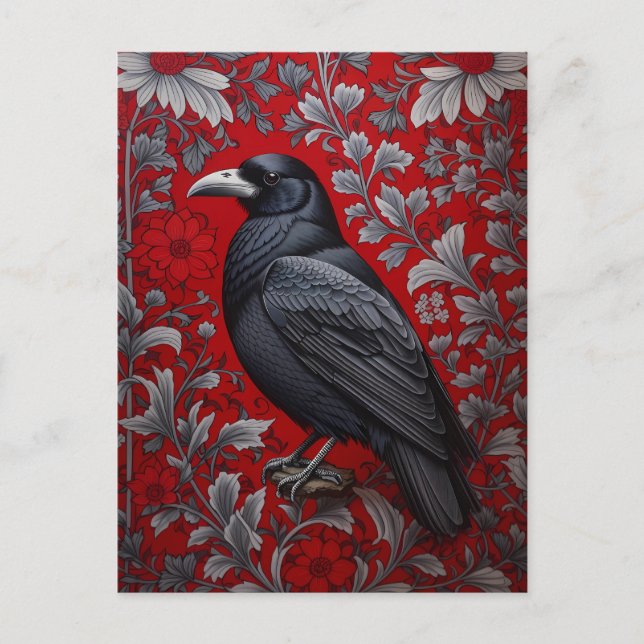 Carte Postale Black Raven Red Floral William Morris Inspired (Devant)