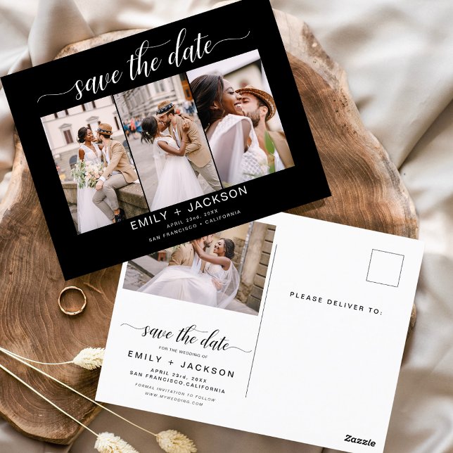 Carte Postale Black Save the Date 4 Photo Modern (Créateur téléchargé)