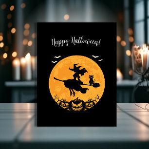 Carte Postale Black Stylish Halloween Sorcière & Citrouille Impr