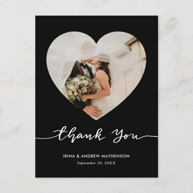 Carte Postale Black Wedding Thank You Script Heart Photo (Devant)