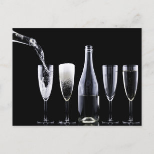 Carte Postale Black White Champagne Bouteille Festive Lunettes d