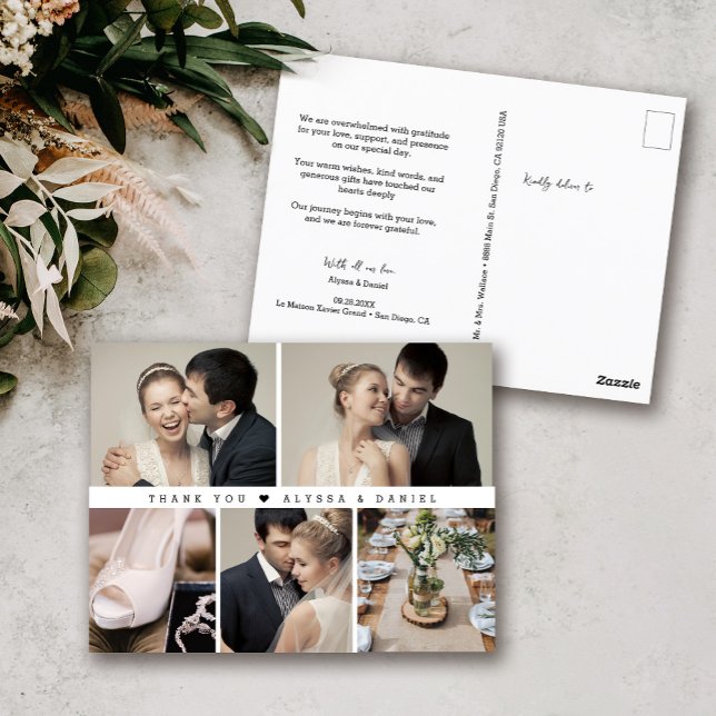 Carte Postale Black White Chic Mariage Photo Collage tendance (Modern Wedding Photo collage, simple thank you postcard template.)