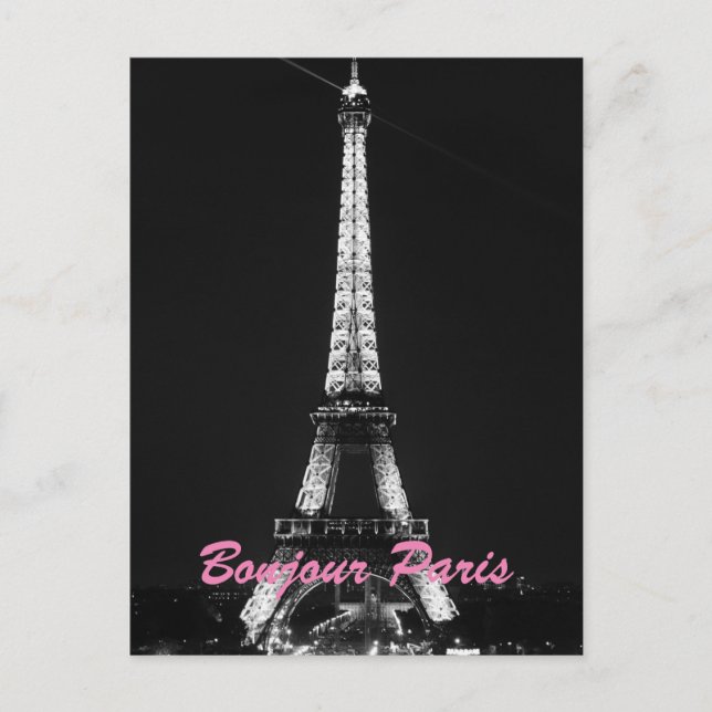 Carte Postale Black White Eiffel Tower Bonjour Paris Nuit (Devant)